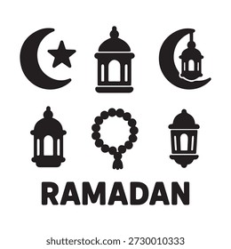 Ramadan Icon Set with Lantern, Crescent, and Prayer Beads Silhouettes