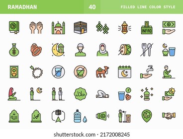 Ramadan icon set line color of vector icons. Can used for digital product, presentation, UI and many more.