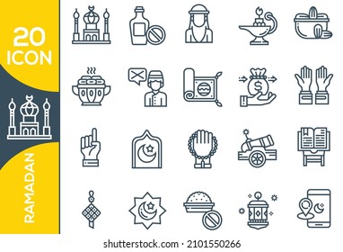 Ramadan icon set, line style.Islamic Line Art Icons Set. Ramadan Kareem Line Vector Icons.Vector Illustration. Quran Book, Traditional Lanterns, Crescent with Star, Mosque and Rosary, Kaaba, Holiday.