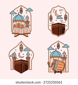 Conjunto de iconos de Ramadán: Mezquita, Kaaba, Corán y Linternas. Insignias de arte de línea plana en verde azulado y terracota.