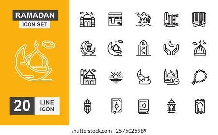 Ramadan icon set. Mosque, moon, lantern, ornament and more line icons