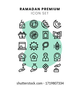 Conjunto de iconos de Ramadán. ilustración vectorial de conjunto de iconos de línea de salida de ramadhan premium. Pasos10 