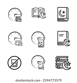 Ramadan icon. icon set. for the time and date in the holy month. events, iftar together, recitation time, sahur. Line design style