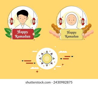 ramadan icon set. ramadan vector. vector illustration. sun icon, Muslim woman icon, and Muslim man icon. Can be used for social media templates, websites and religious events