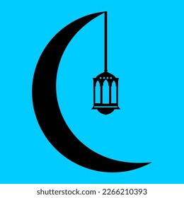 Ramadan icon sign symbol moon and lantern black vector design on blue background