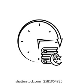 Ramadan icon. vector clock with Islamic religious scriptures on a white background. reading the Koran, time to recite the Koran, study. Line design style