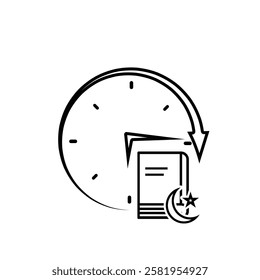 Ramadan icon. vector clock with Islamic religious scriptures on a white background. reading the Koran, time to recite the Koran, study. Line design style