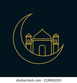 Icono de Ramadán. Icono vectorial de la mezquita en la línea lunar.