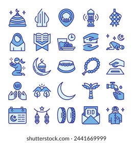 Paquete de iconos de Ramadán. Estilo de icono de contorno de color azul.
