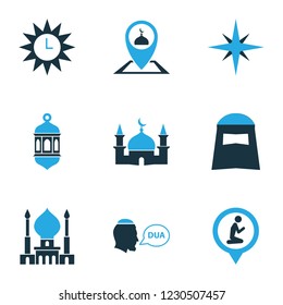 Ramadan icons colored set with beg, location, qiblah and other god's house elements. Isolated vector illustration ramadan icons.