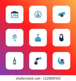 Ramadan icons colored set with bomb, human, headscarf and other saving money elements. Isolated vector illustration ramadan icons.
