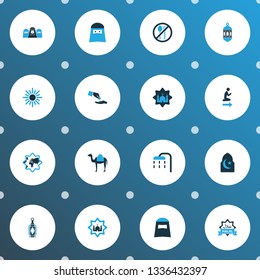 Ramadan icons colored set with financial assistance, woman, islamic and other masjid elements. Isolated vector illustration ramadan icons.