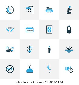 Ramadan icons colored set with holiday, prayer carpet, star and other body cleansing elements. Isolated vector illustration ramadan icons.