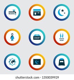 Ramadan icons colored set with islamic, kaaba, isha and other world elements. Isolated vector illustration ramadan icons.