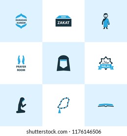 Ramadan icons colored set with kareem, food, arabian and other hijab elements. Isolated vector illustration ramadan icons.