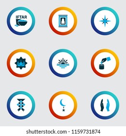 Ramadan icons colored set with maghrib, cereal, ketupat and other prayer carpet elements. Isolated vector illustration ramadan icons.