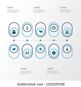 Ramadan icons colored set with mosque, camel, eid mubarak and other octagonal star elements. Isolated vector illustration ramadan icons.