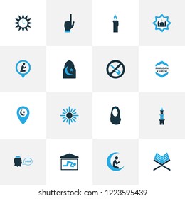 Ramadan icons colored set with religion, praying, candle sun elements. Isolated vector illustration ramadan icons.