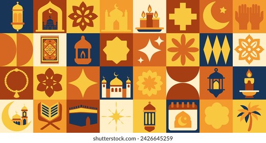 Ramadan icons elements with geometric pattern. Bauhaus style. Ramada Kareem. Vector flat design for poster cards, banner, web.