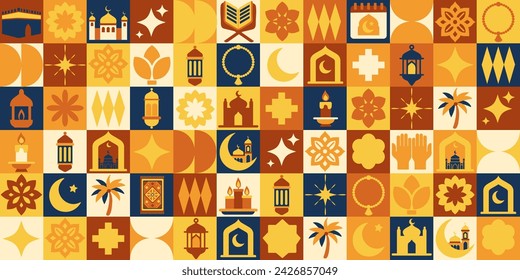 Ramadan icons elements with geometric pattern. Bauhaus style. Ramada Kareem. Vector flat design for poster cards, banner, web.