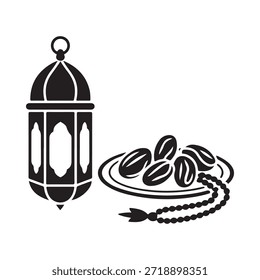 Ramadan icons lantern dates and prayer beads symbolizing the islamic holy month