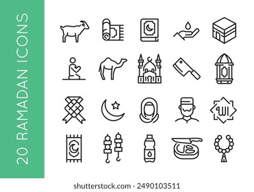 Ramadan icons. Set of 20 trendy minimal icons. Example: Camel, Arabic Arch, Oil Rig, Kaaba icon. Design signs for web page, mobile app, packaging design. Vector illustration.