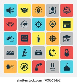 Ramadan Icons Set. Collection Of Beneficence, Man, Fire Wax And Other Elements. Also Includes Symbols Such As Mussulman, Islamic, Dining.