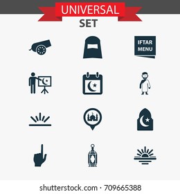 Ramadan Icons Set. Collection Of Dawn, Cannon, Pointer Finger And Other Elements. Also Includes Symbols Such As Abend, Place, Muslim.