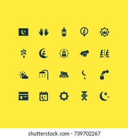 Ramadan Icons Set. Collection Of Fruit, Nachmittag, Palm And Other Elements. Also Includes Symbols Such As Octagonal, Pinpoint, Muslim.