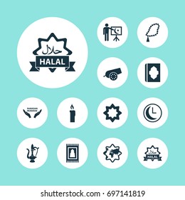 Ramadan Icons Set. Collection Of Leaning, Oriental Jug, Fire Wax And Other Elements. Also Includes Symbols Such As Ramadan, Eat, Carpet.