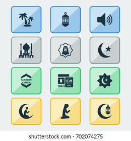 Ramadan Icons Set. Collection Of Man With Moon, God's House, Ramadan And Other Elements. Also Includes Symbols Such As Island, Star, Crescent.