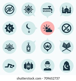Ramadan Icons Set. Collection Of No Alcohol, Place, Midday And Other Elements. Also Includes Symbols Such As Crescent, Asr, Sajdah.