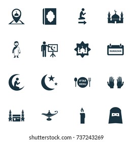 Ramadan Icons Set. Collection Of Pinpoint, Building, Nacht And Other Elements. Also Includes Symbols Such As God, Fire, Mecca.