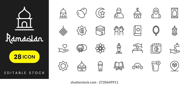 Iconos de Ramadán con la luna creciente y linternas, Ilustraciones vectoriales del mes sagrado islámico para el ayuno, la oración, la celebración y el uso del diseño.