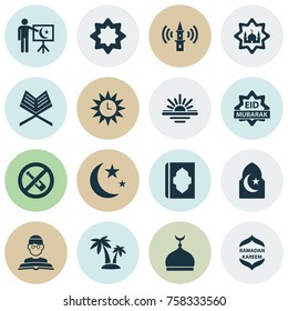 Ramadan Icons Set With Holy Book, Celebration, Nacht And Other Masjid Elements. Isolated Vector Illustration Ramadan Icons.