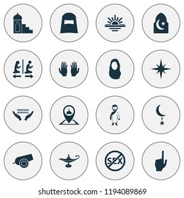 Ramadan icons set with islam, star, pray and other pointer finger elements. Isolated vector illustration ramadan icons.