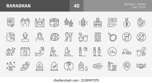 Ramadan icons set line style, Quran Book, Traditional Lanterns, Crescent with Star, Mosque, Rosary, Kaaba, Drum and more