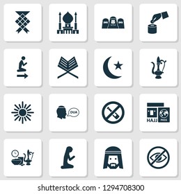 Ramadan icons set with man, muslim female, no alcohol and other malay elements. Isolated vector illustration ramadan icons.