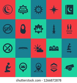Ramadan icons set with mussulmans, islam book, azan and other no alcohol  elements. Isolated vector illustration ramadan icons.
