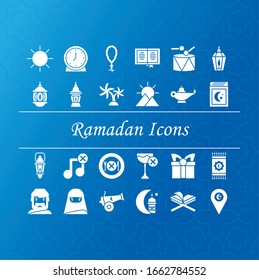 ramadan icons set over blue background, silhouette style, vector illlustration