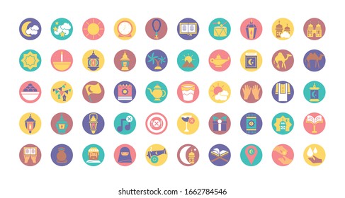 ramadan icons set over white background, block style, vector illustration