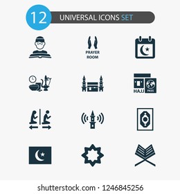 Ramadan icons set with people, koran, mushaf and other holy book elements. Isolated vector illustration ramadan icons.