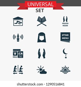 Ramadan icons set with room, shawl, koran and other tower elements. Isolated vector illustration ramadan icons.