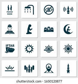 Ramadan icons set with room, tower, audio and other pinpoint elements. Isolated vector illustration ramadan icons.