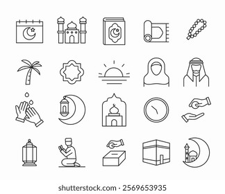 Ramadan icons set in thin line style. Collection of islamic icons, including mosque, holy quran, moon, crescent, lantern. etc. Minimalist monoline icon for islamic festivals.