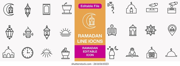 Ramadan icons set in thin line style. Collection of Islamic icons, including mosque, holy Quran, moon, crescent, lantern. etc. Minimalist monoline icon for
