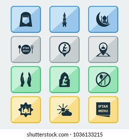 Ramadan icons set with tower, dua, namaz room and other forbidden meal elements. Isolated vector illustration ramadan icons.