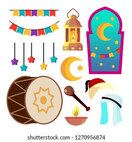 Ramadan Icons Vector. Muslim Islam Symbols. Moon, Star, Lamp. Isolated Flat Cartoon Illustration
