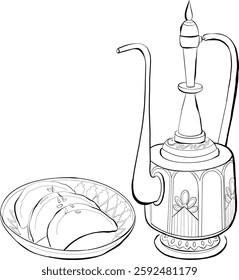 Ramadan Iftar Arabic teapot and Food hand drawn vintage style vector