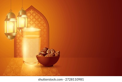 Fundo iftar do Ramadã com lanternas islâmicas brilhantes, tâmaras e um copo de água, simbolizando a quebra do jejum. Ideal para as promoções do Ramadã e do Eid
